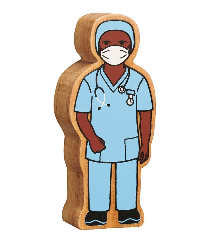 Wooden blue nurse in scrubs toy