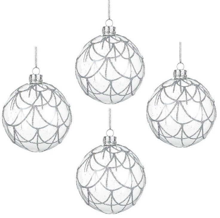 Set of 4 Glass Baubles (Silver Glitter)