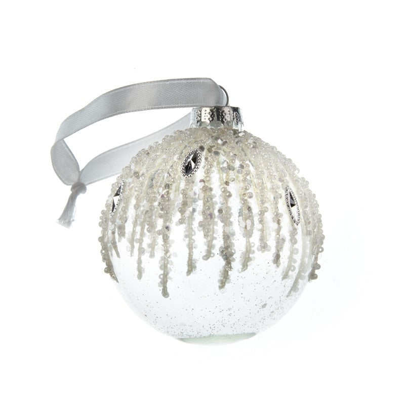 Hanging glass bauble white and sliver bead